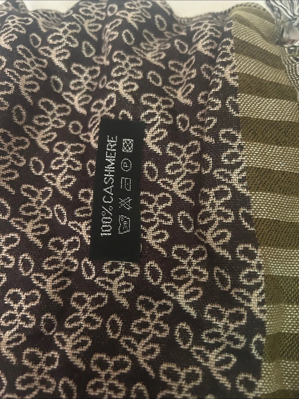 Patterned Woven Scarf in Brown, Olive & Red 22x68 100% Cashmere